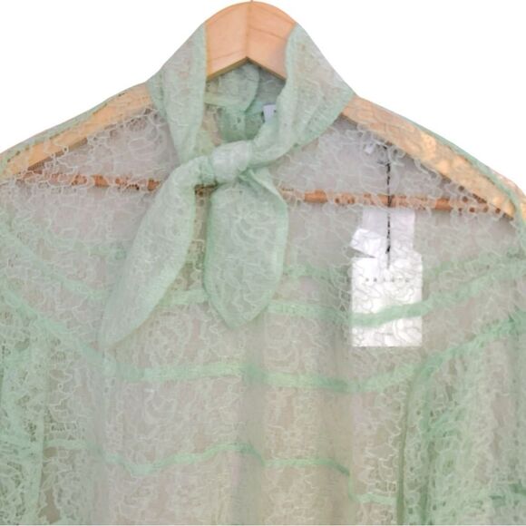 Sandro Mint Green Izzie Sheer Lace Long Sleeve Tie-Neck Blouse, Size 1 Small - Picture 5 of 15